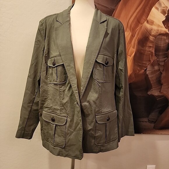 Dress Barn Army Green Jacket Blazer 3x Gold Buttons Stretch - Picture 1 of 9